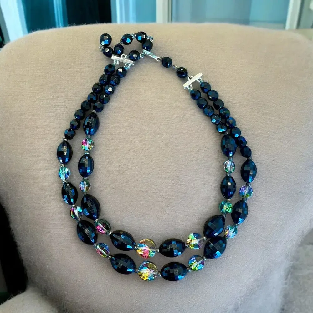 Vintage 2 Strand Black Faceted Beads Oval Peacock AB Color Beaded Necklace 16